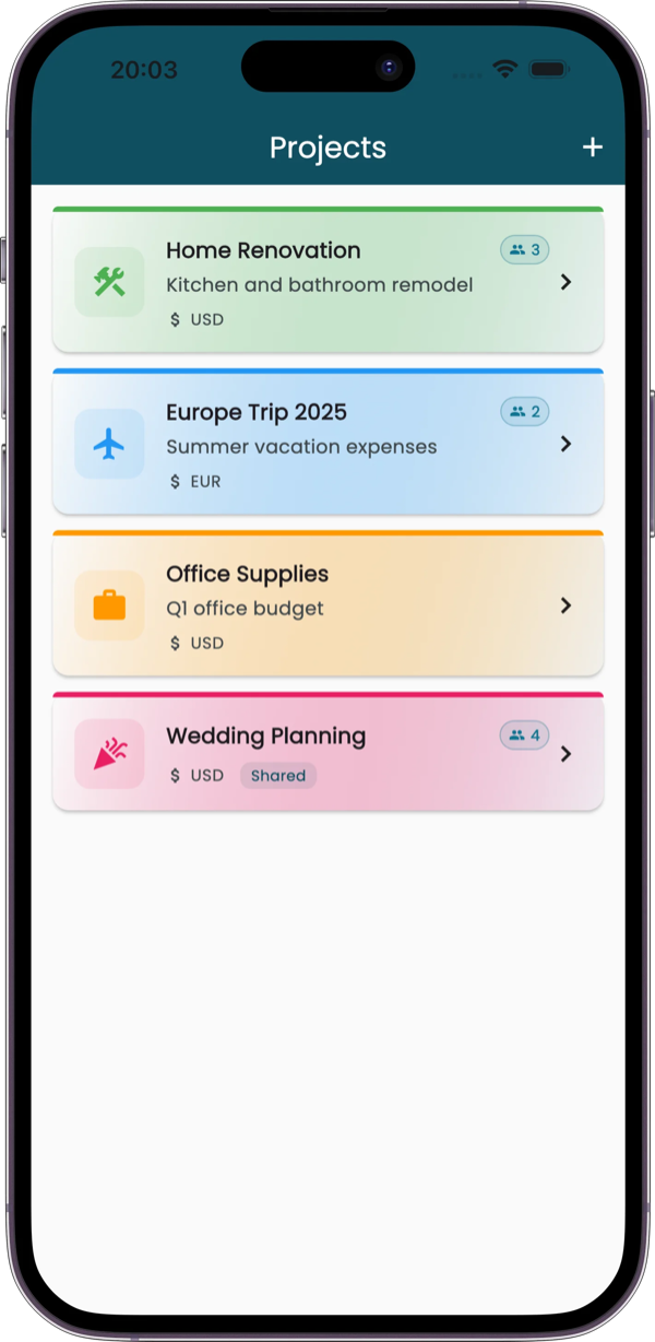 Receiptix shared projects screen
