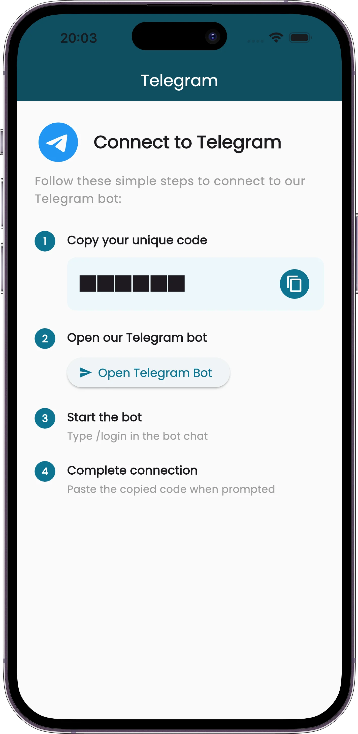 Receiptix Telegram integration screen