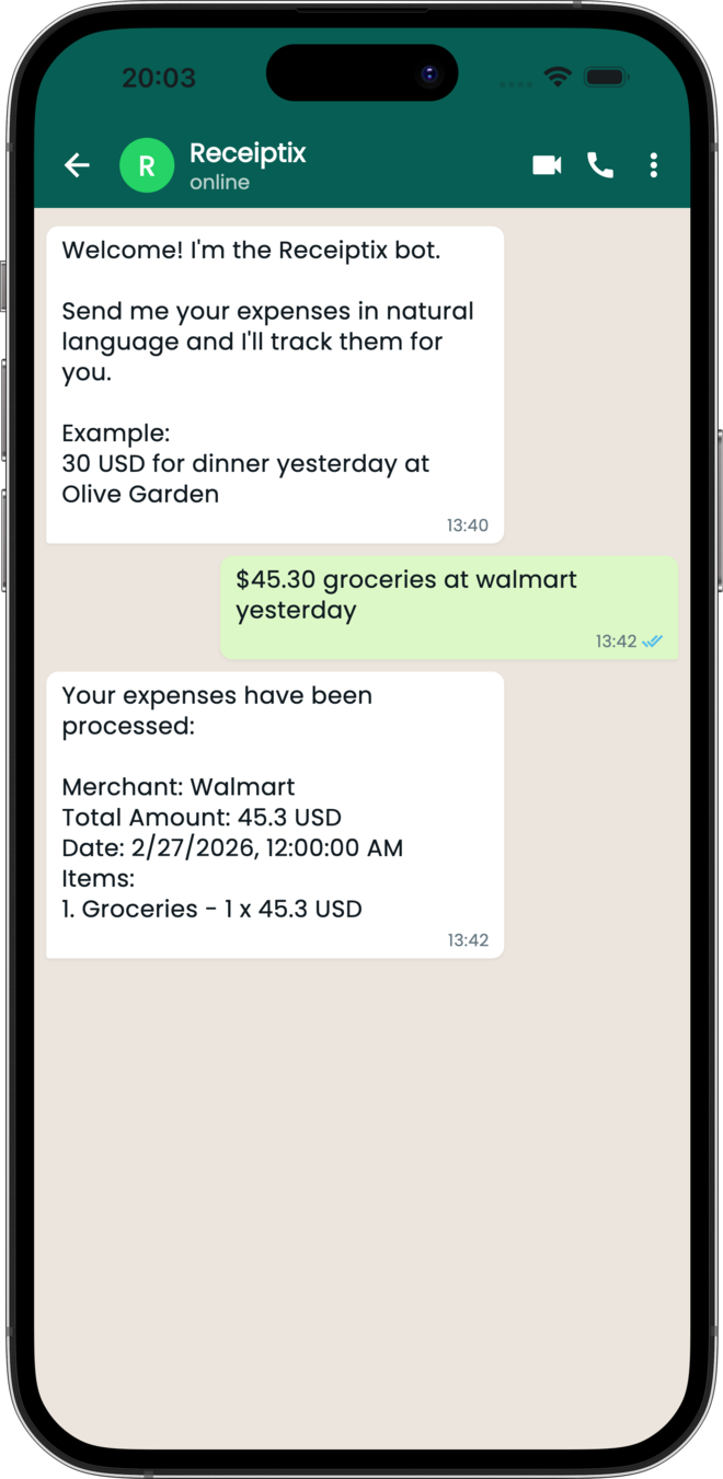 Receiptix WhatsApp chat with bot processing a receipt