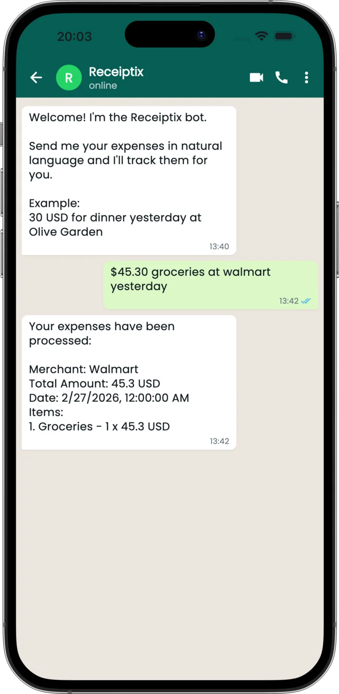 A WhatsApp chat with the Receiptix bot. The user texts "$45.30 groceries at walmart yesterday" and the bot replies: Merchant Walmart, Total 45.30 USD, itemized.